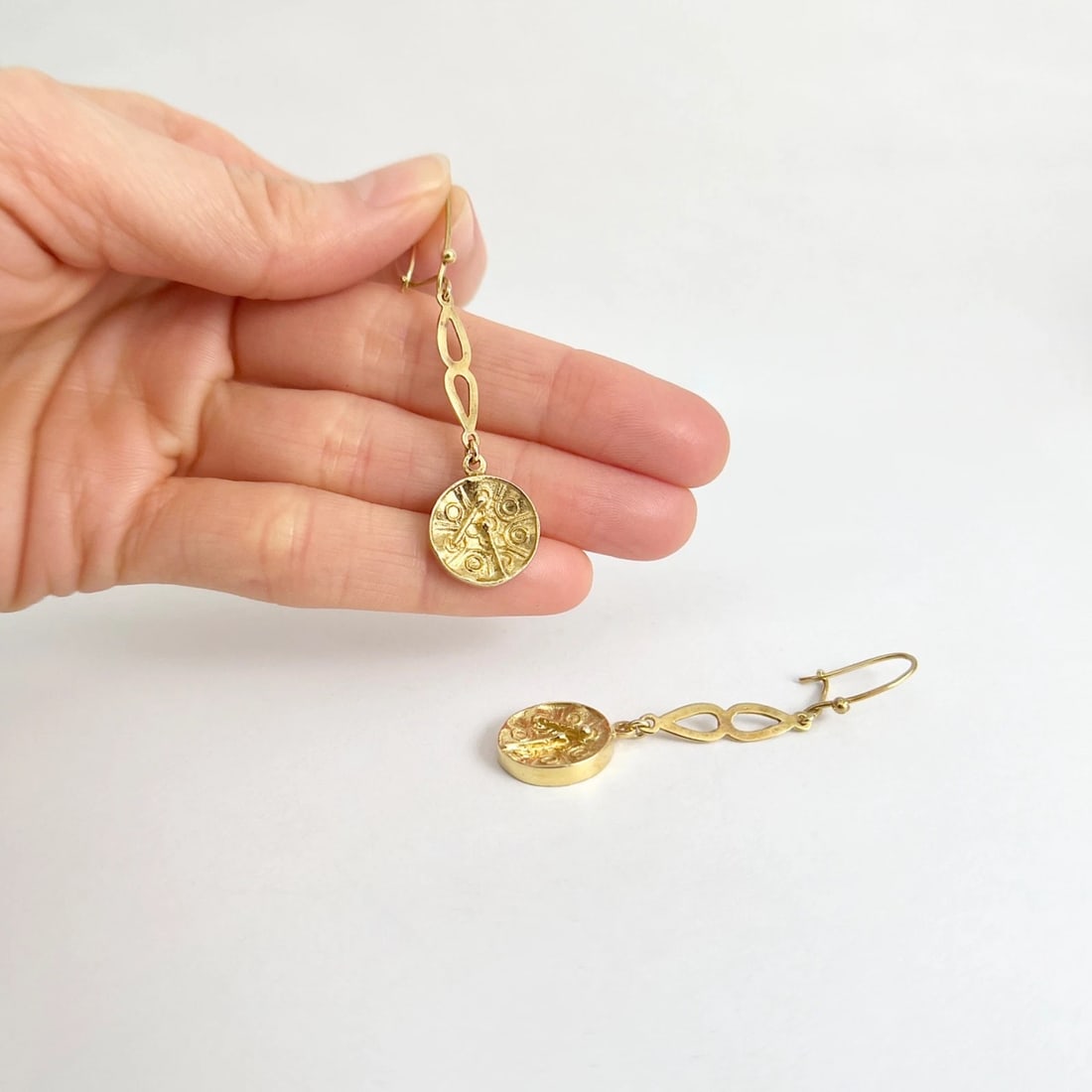 Vintage Steel Pan Drum Dangle Drop Earrings 10K Yellow Gold, 4.79 Grams - 2