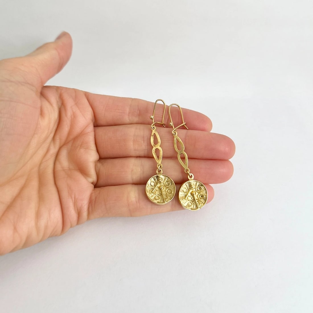 Vintage Steel Pan Drum Dangle Drop Earrings 10K Yellow Gold, 4.79 Grams - 3