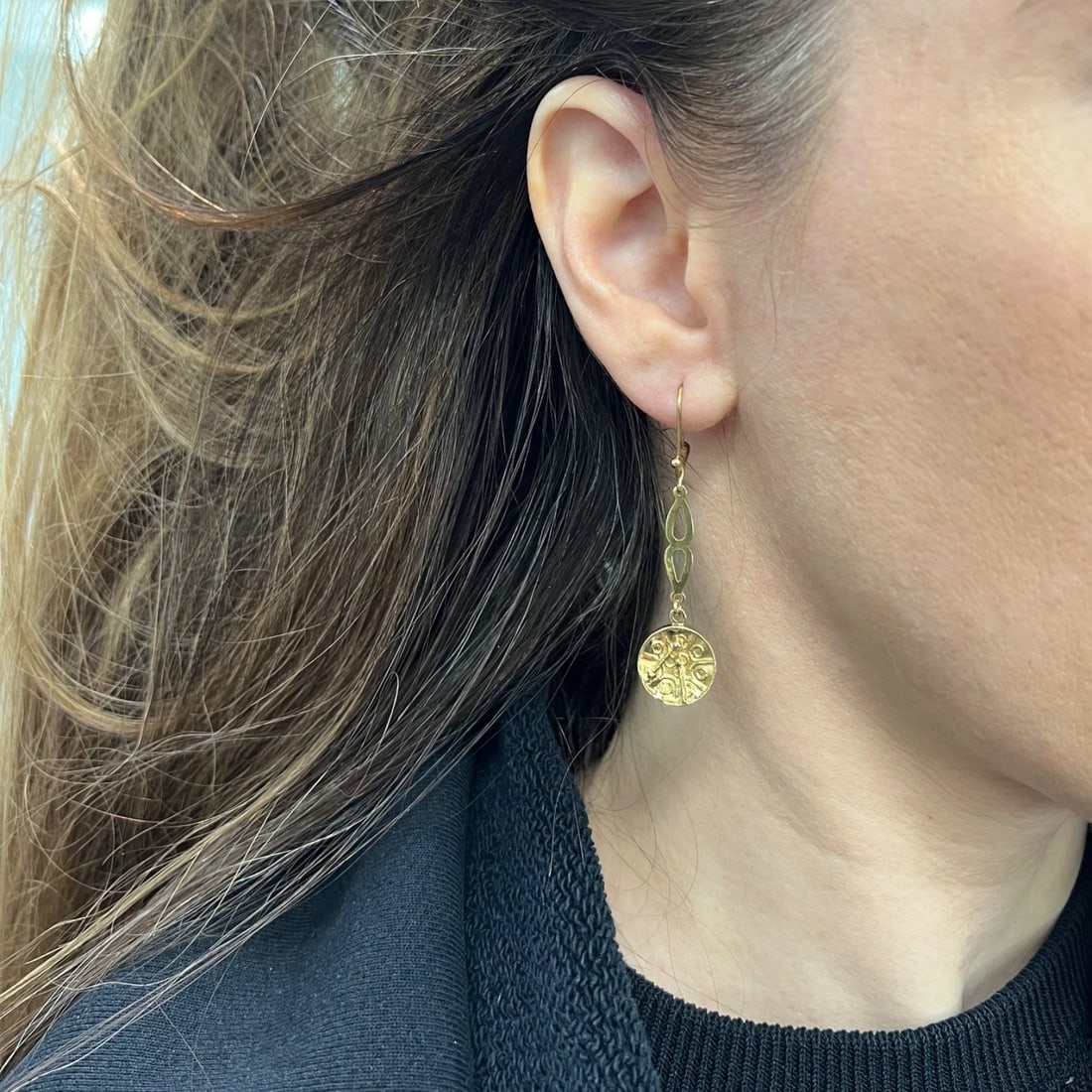 Vintage Steel Pan Drum Dangle Drop Earrings 10K Yellow Gold, 4.79 Grams - 4
