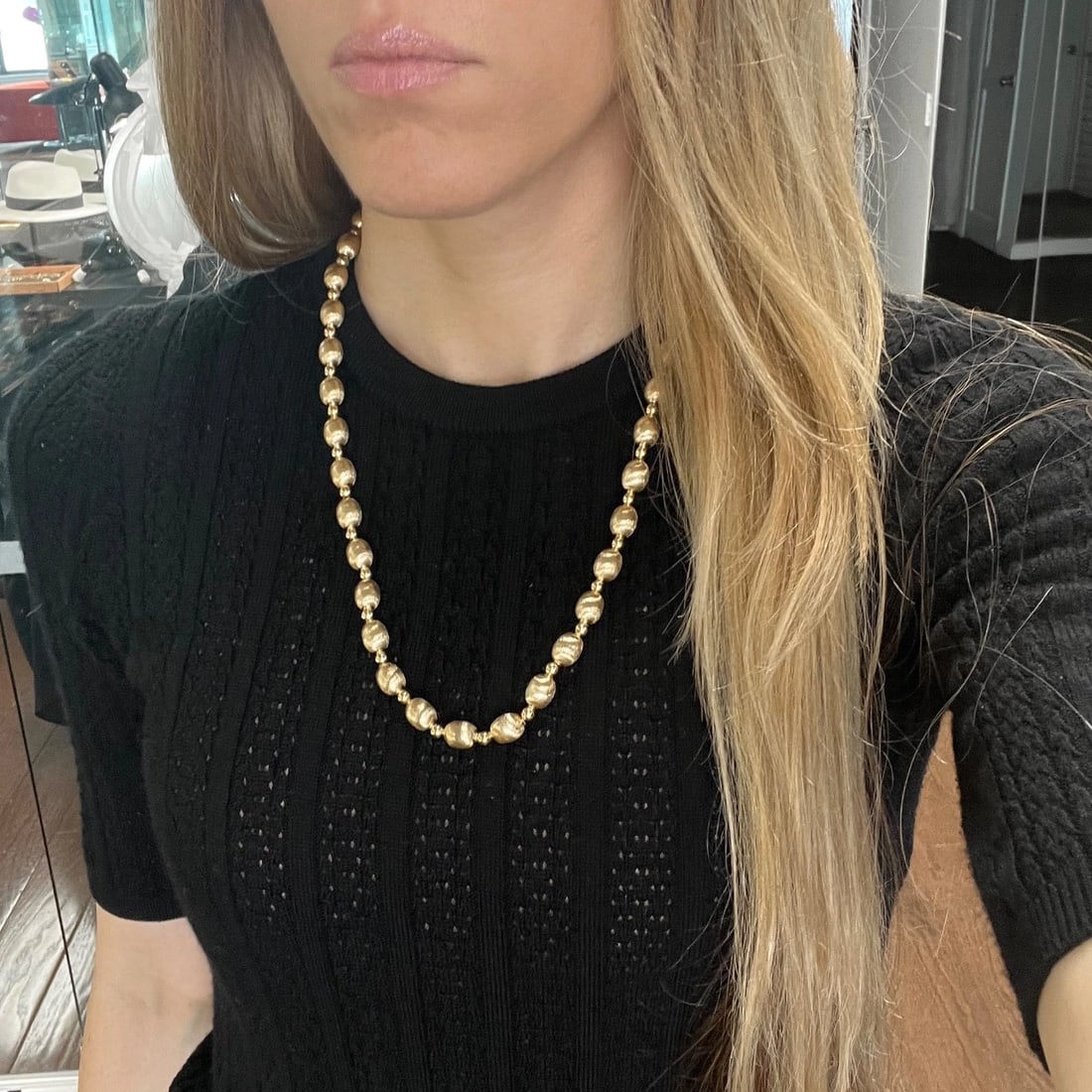 Vintage 1980's Satin Gold Ball Bead Chain Necklace 14K Yellow Gold, 20.65 Grams - 3
