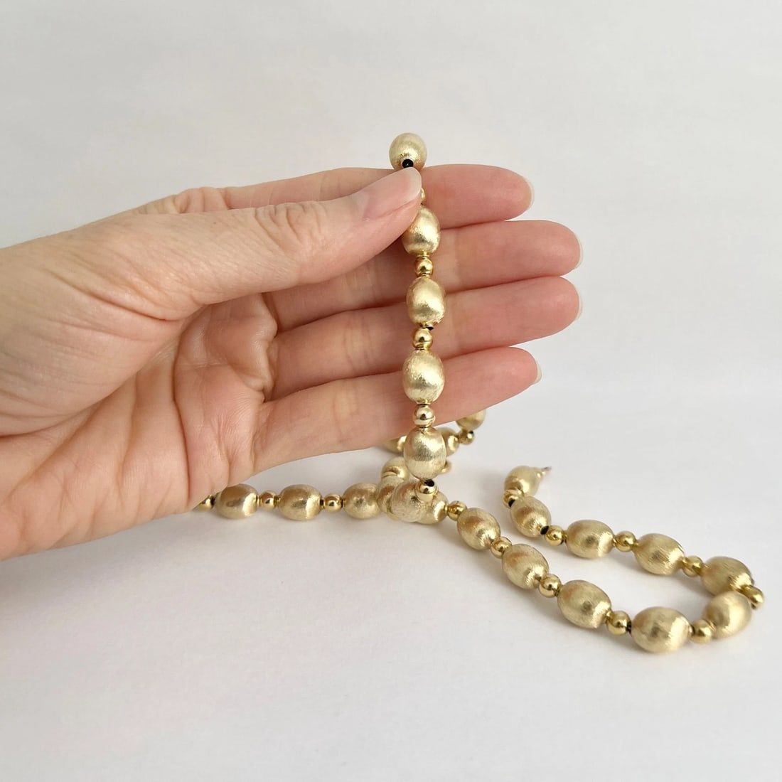 Vintage 1980's Satin Gold Ball Bead Chain Necklace 14K Yellow Gold, 20.65 Grams - 4