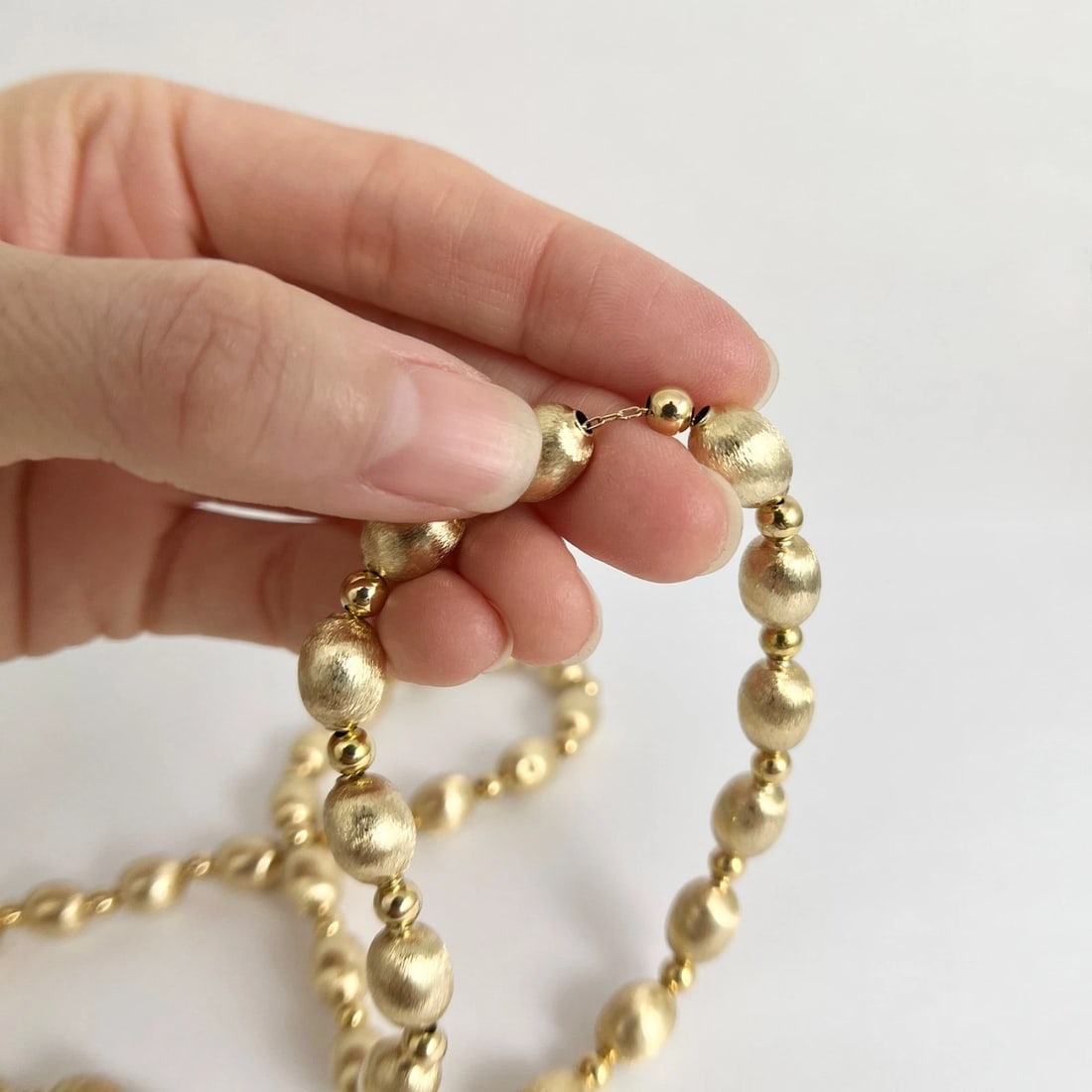 Vintage 1980's Satin Gold Ball Bead Chain Necklace 14K Yellow Gold, 20.65 Grams - 5