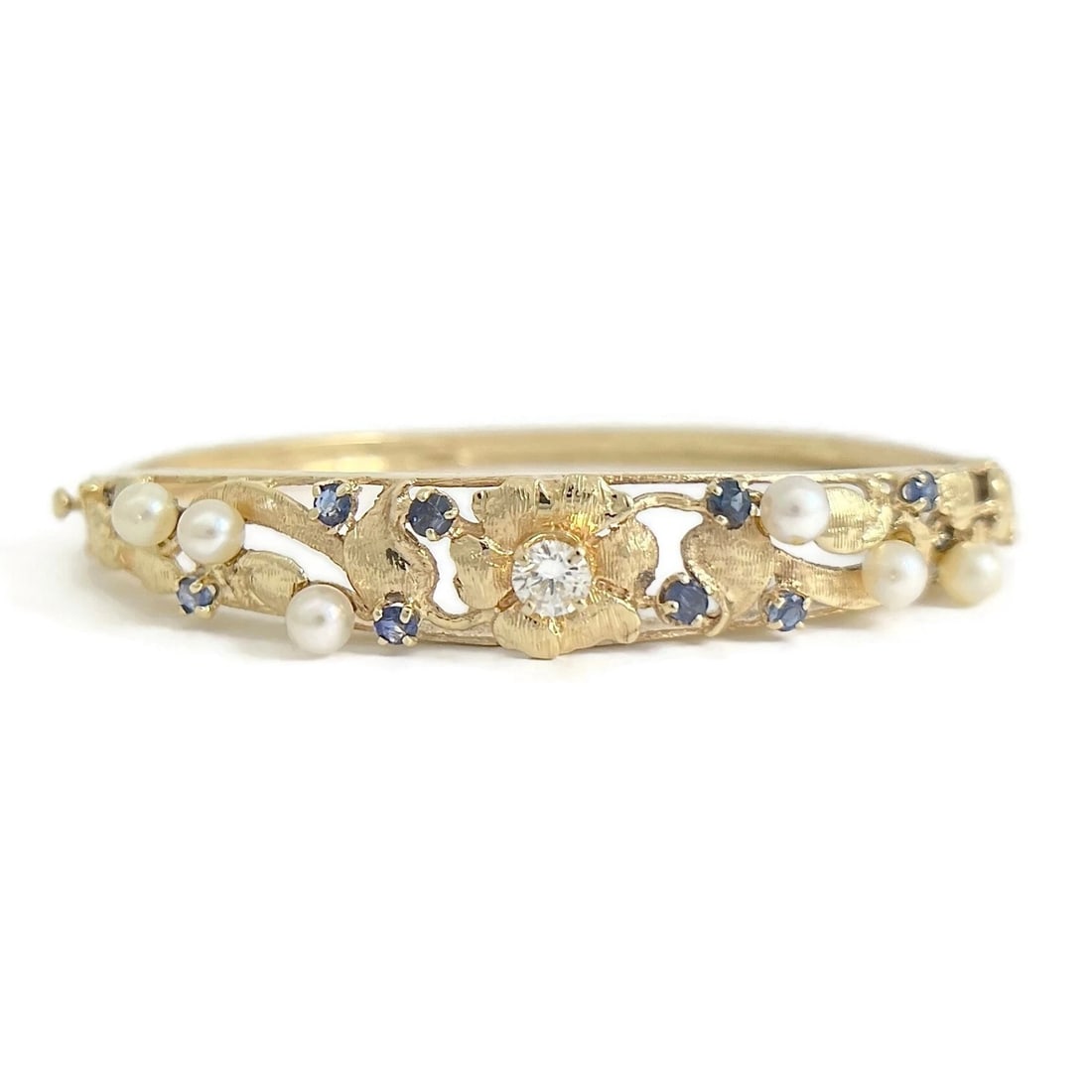 Vintage 1950's Diamond Pearl Sapphire Bangle Bracelet 14K Yellow Gold, 13.97 Gr (1 of 8)