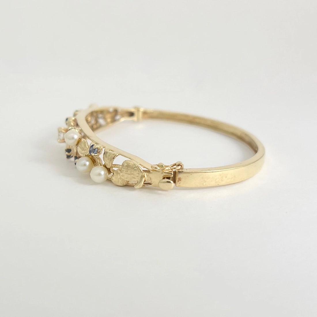 Vintage 1950's Diamond Pearl Sapphire Bangle Bracelet 14K Yellow Gold, 13.97 Gr - 6