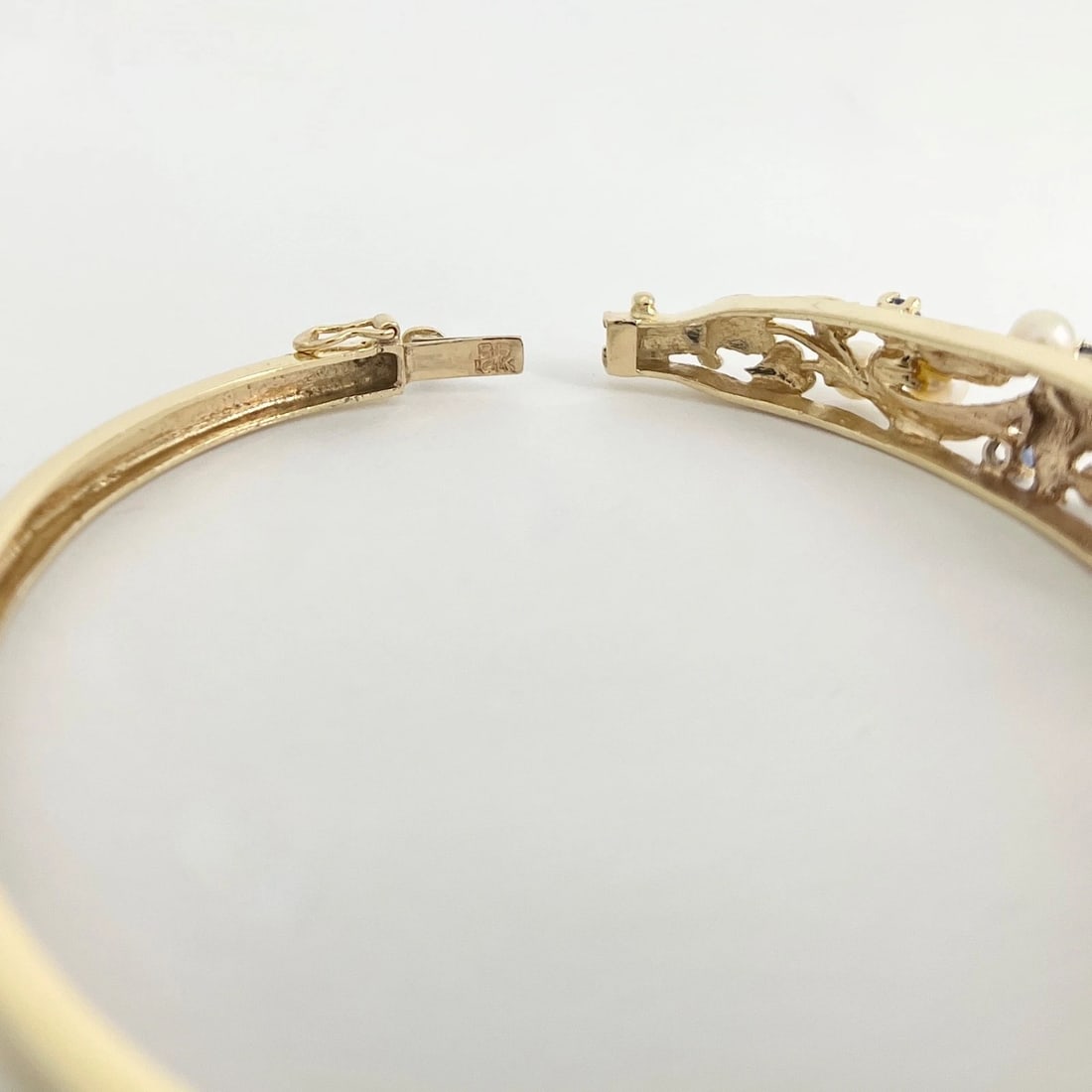 Vintage 1950's Diamond Pearl Sapphire Bangle Bracelet 14K Yellow Gold, 13.97 Gr - 8