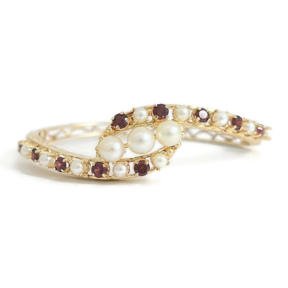 Vintage 1940's Pearl Garnet Filigree Bangle Bracelet 12K Yellow Gold, 13.17 Gram (1 of 8)