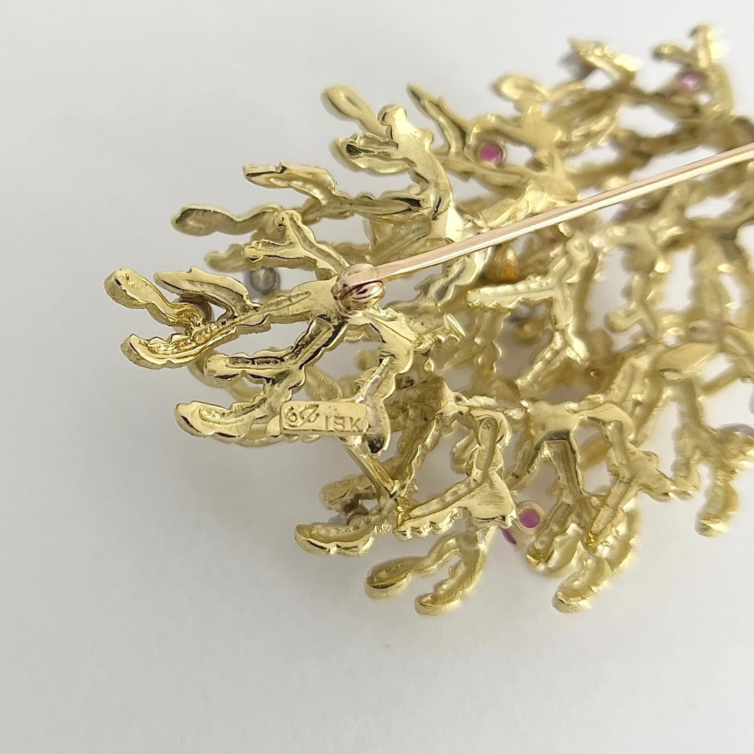 Vintage 1960's Ruby Diamond Textured Branch Brooch Pin 18K Yellow Gold, 24.39 Gr - 8