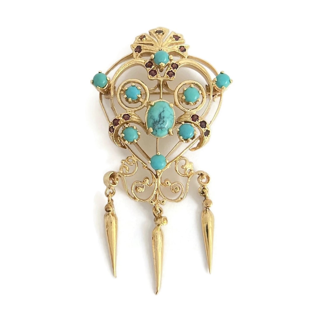 Vintage Victorian Revival Turquoise Dangle Brooch Pin 13K Yellow Gold, 11.64 Gr (1 of 9)