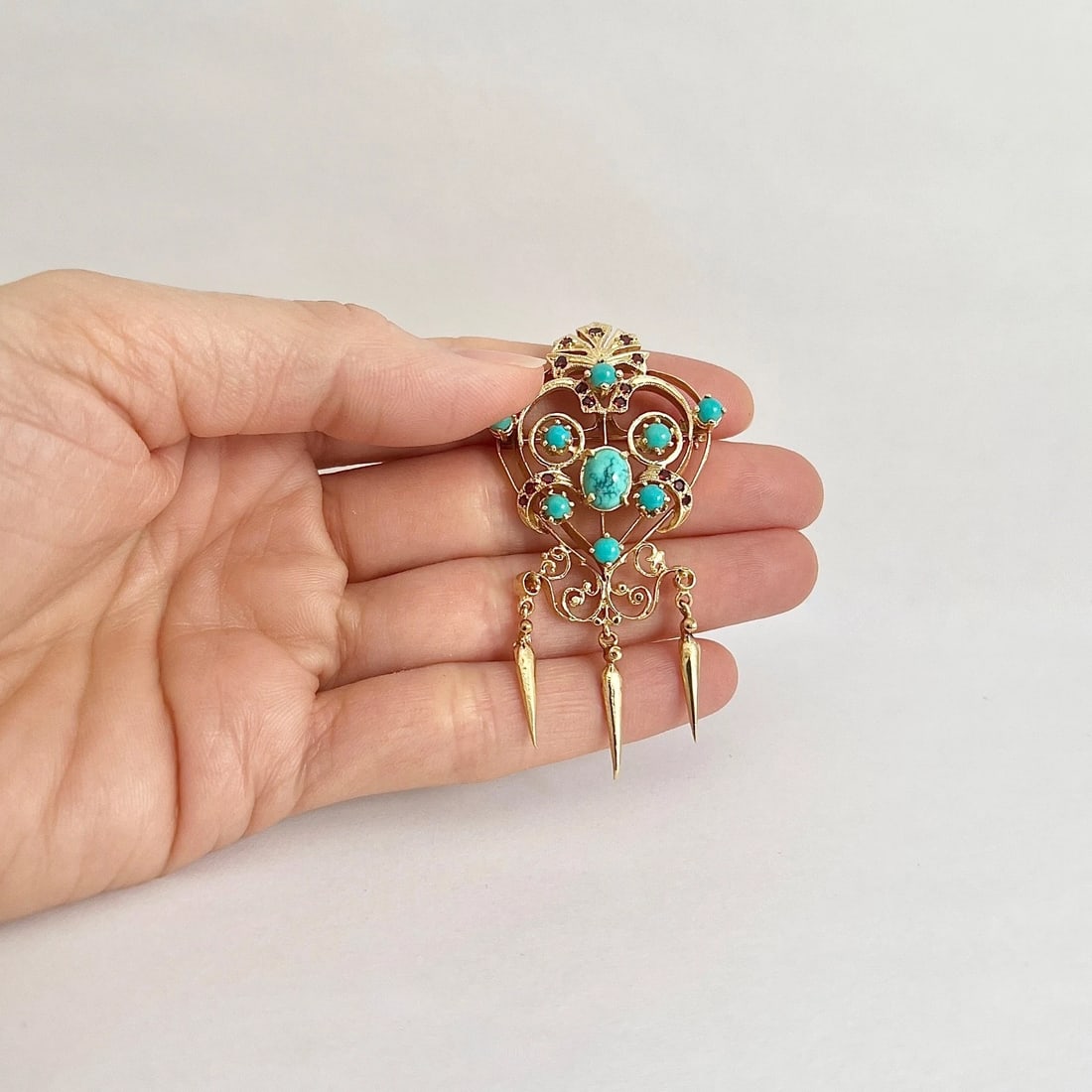 Vintage Victorian Revival Turquoise Dangle Brooch Pin 13K Yellow Gold, 11.64 Gr - 2