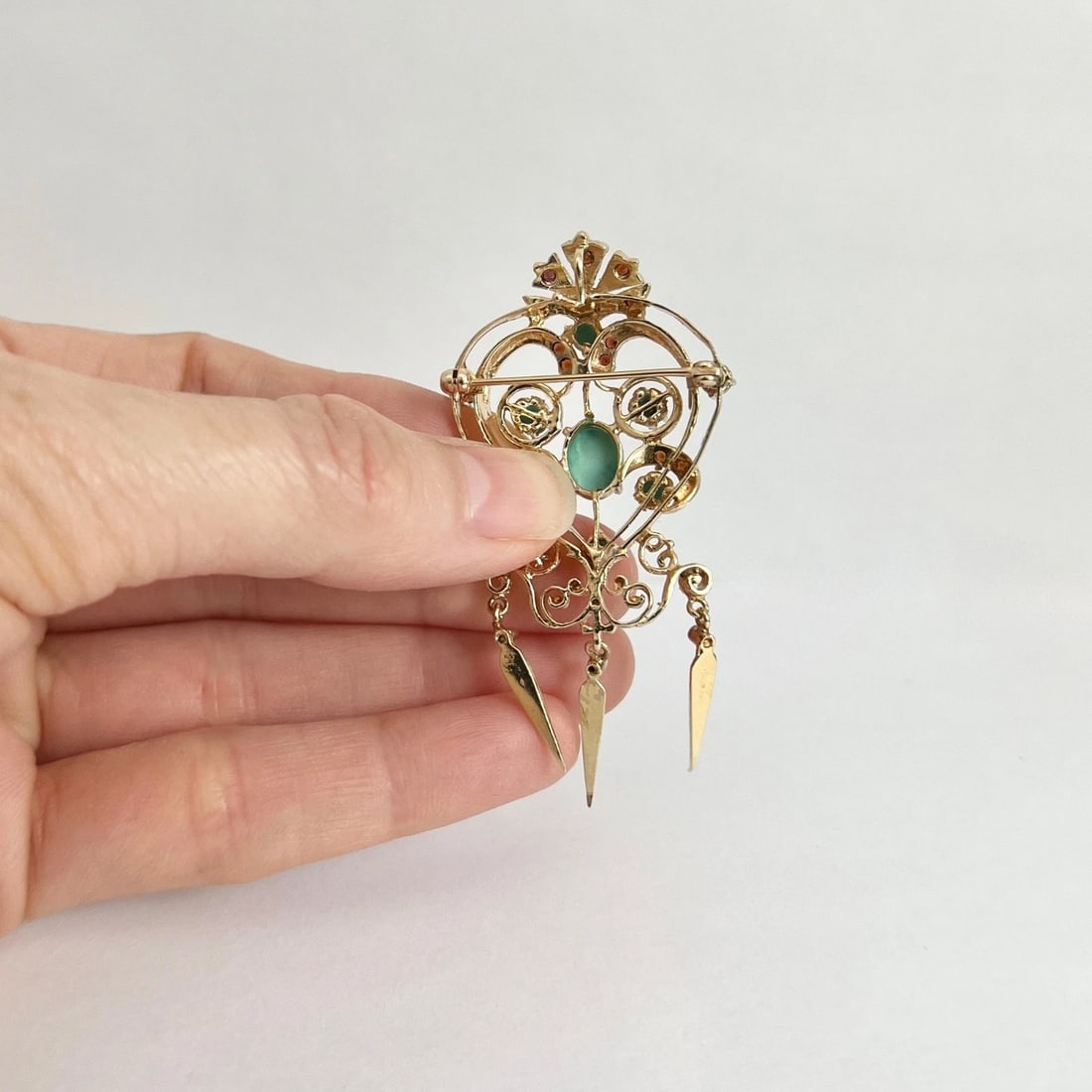 Vintage Victorian Revival Turquoise Dangle Brooch Pin 13K Yellow Gold, 11.64 Gr - 3