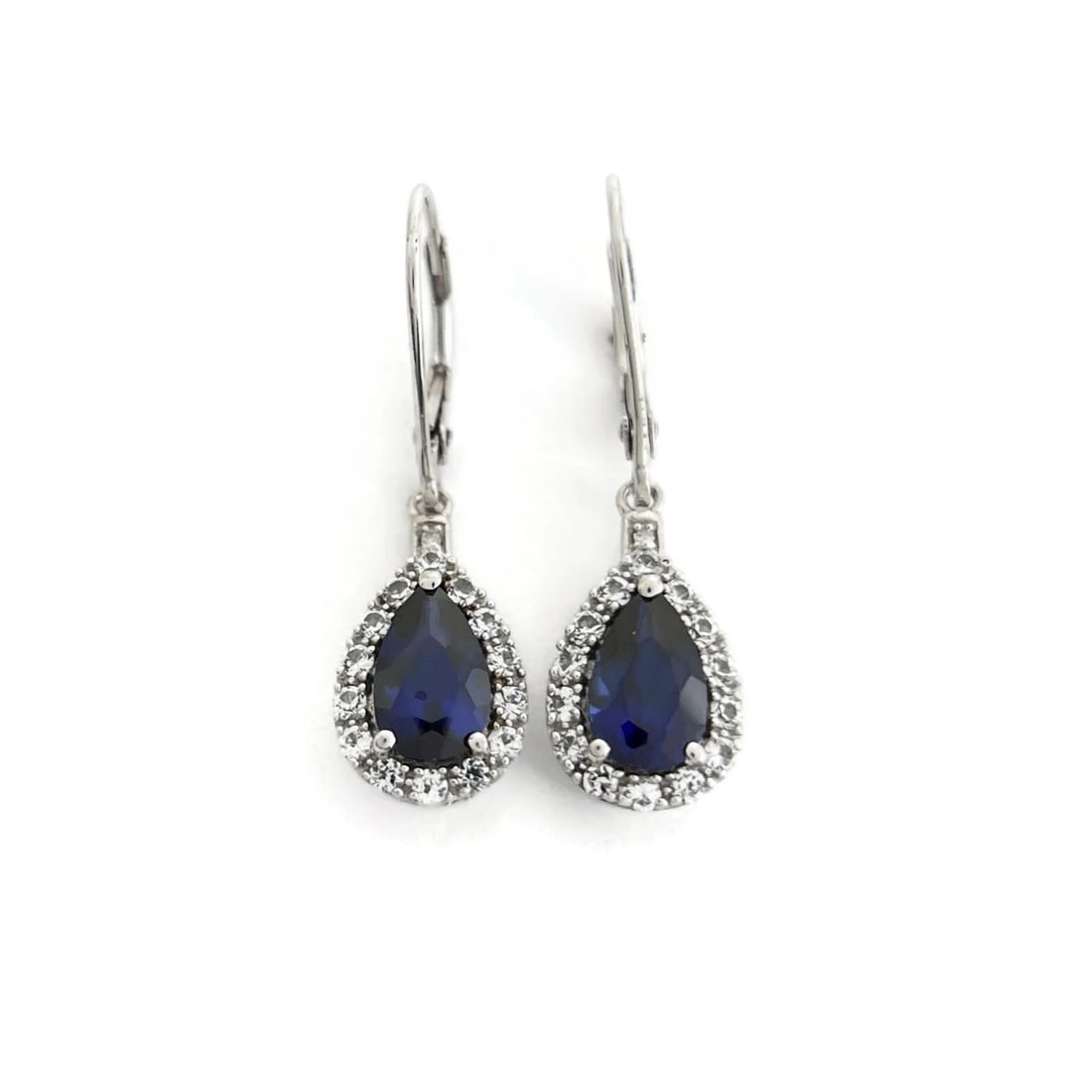 Vintage Blue Simulated Sapphire CZ Teardrop Earrings 10K White Gold, 2.72 Grams (1 of 5)