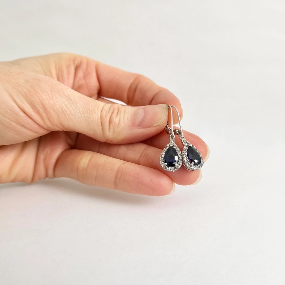 Vintage Blue Simulated Sapphire CZ Teardrop Earrings 10K White Gold, 2.72 Grams - 2