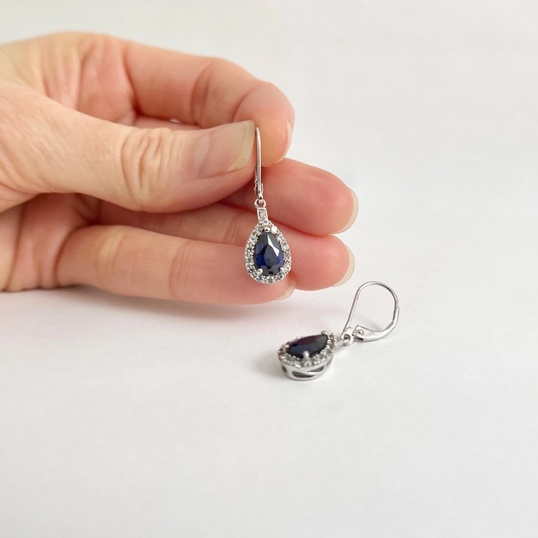 Vintage Blue Simulated Sapphire CZ Teardrop Earrings 10K White Gold, 2.72 Grams - 3