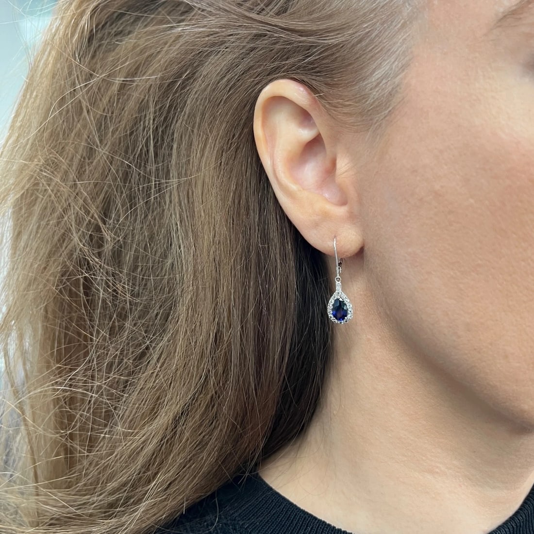 Vintage Blue Simulated Sapphire CZ Teardrop Earrings 10K White Gold, 2.72 Grams - 4