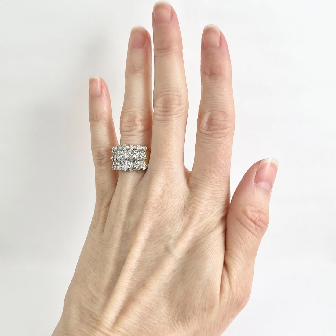 Vintage Wide Two-Tone Multishape Diamond Ring 14K White Yellow Gold, 8.88 Grams - 2