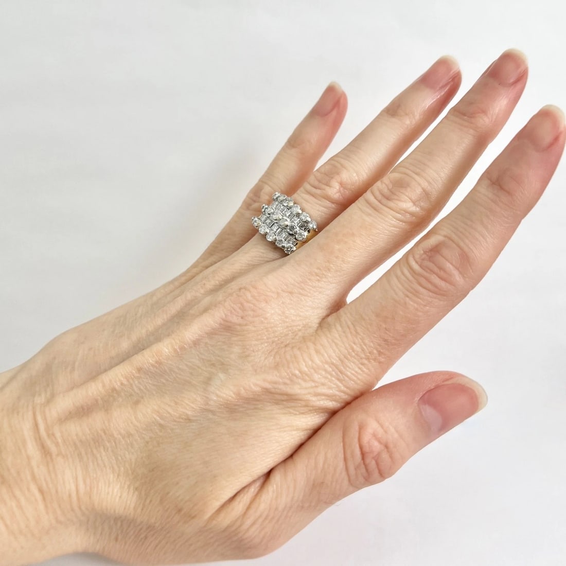 Vintage Wide Two-Tone Multishape Diamond Ring 14K White Yellow Gold, 8.88 Grams - 3