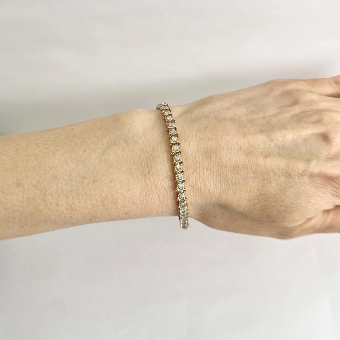Vintage Two-Tone S-Link Diamond Tennis Bracelet 14K Yellow Gold, 7.86 Grams - 3
