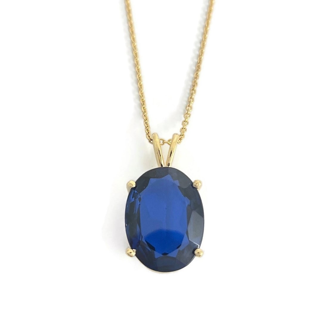 Vintage Oval Blue Simulated Sapphire Pendant Necklace 14K Yellow Gold, 9.33 Gram (1 of 8)