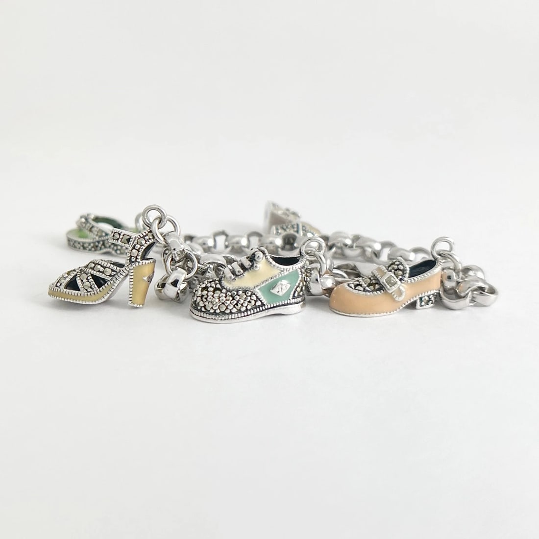 Vintage Judith Jack Enamel Shoe Charm Bracelet Sterling Silver, 27.47 Grams - 3