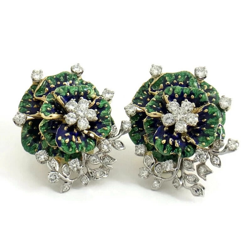 Vintage 1950's Blue Green Enamel Diamond Flower Earrings 18K Yellow Gold 28.40 G (1 of 9)