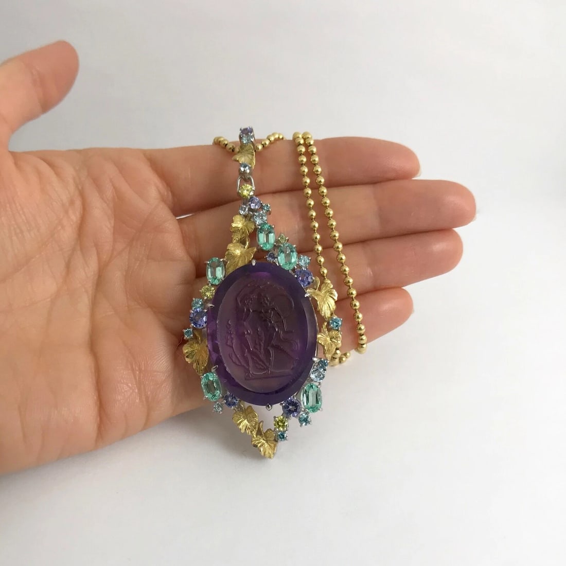 Vintage Hand Carved Amethyst Pendant Necklace Platinum 18K Yellow Gold 19.30 CTW - 2