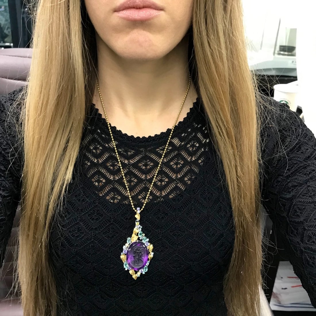 Vintage Hand Carved Amethyst Pendant Necklace Platinum 18K Yellow Gold 19.30 CTW - 3