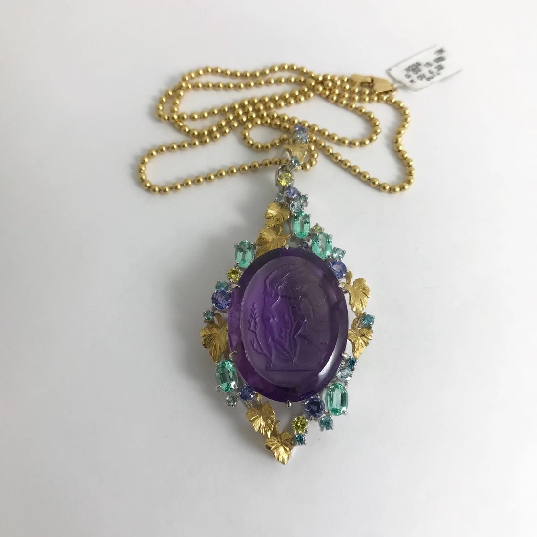 Vintage Hand Carved Amethyst Pendant Necklace Platinum 18K Yellow Gold 19.30 CTW - 5