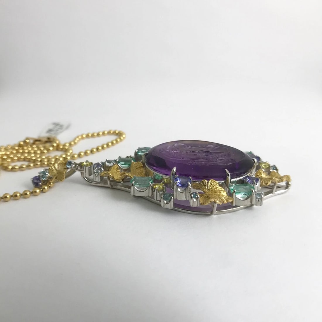 Vintage Hand Carved Amethyst Pendant Necklace Platinum 18K Yellow Gold 19.30 CTW - 7