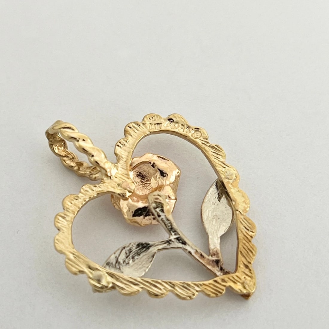 Vintage Rose Flower Heart Charm Necklace Pendant 14K Yellow Gold, 2.95 Grams - 7