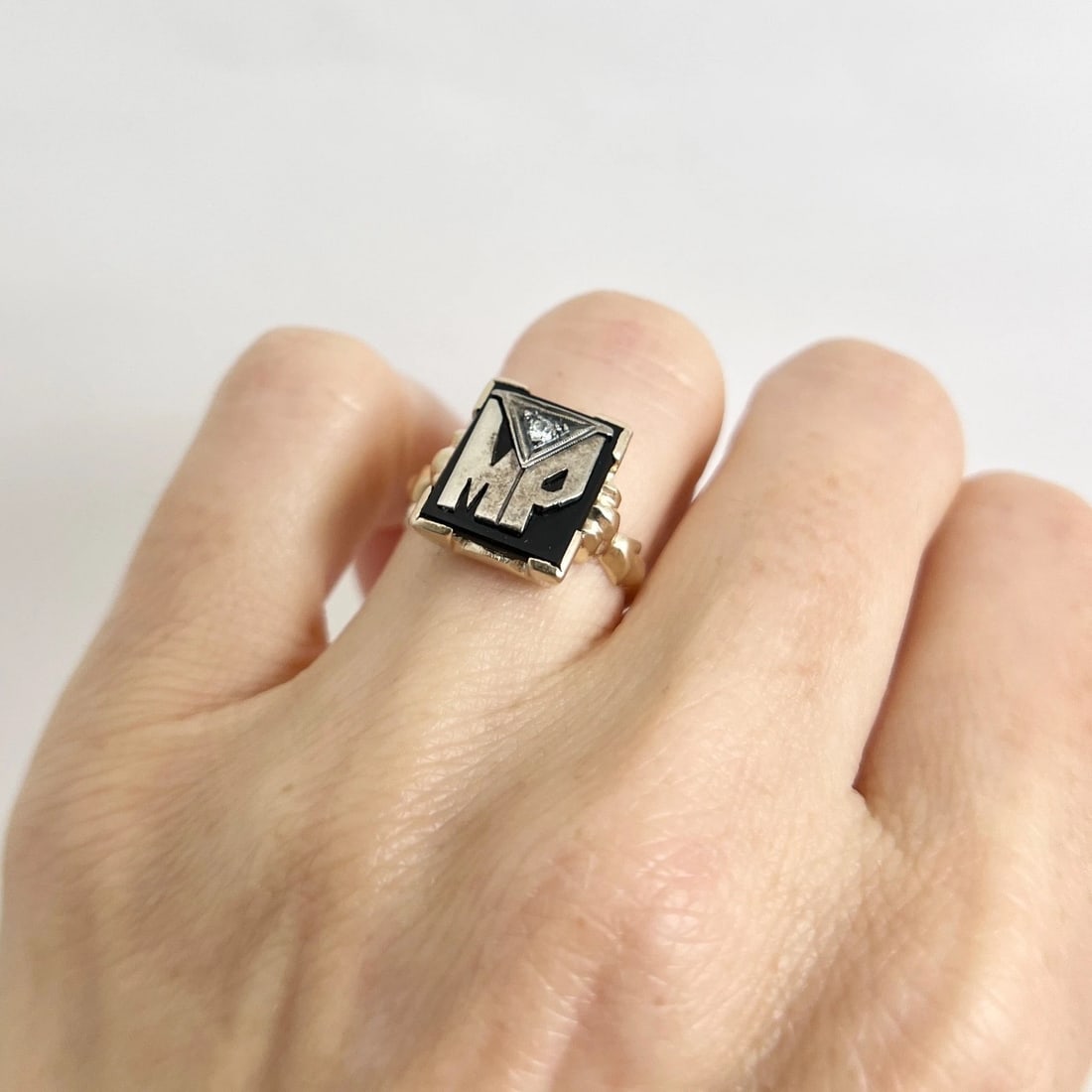 Vintage 1930's Letter MP Initial Black Onyx Diamond Signet Ring 14K Gold 3.24 Gr - 3