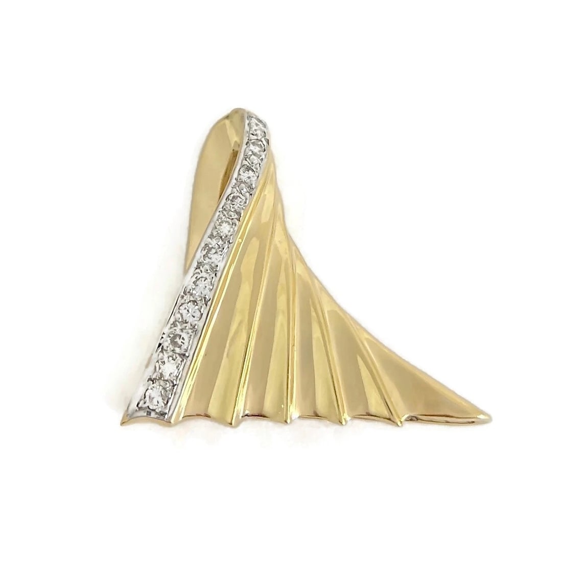Vintage Asymmetrical Diamond Fan Necklace Pendant 14K Yellow Gold, 6.29 Grams: Title: Vintage Asymmetrical Diamond Fan Necklace Pendant 14K Yellow Gold, 6.29 Grams Description: Vintage Asymmetrical Diamond Fan Necklace Pendant 14K Yellow Gold, 6.29 Grams This is such a unique