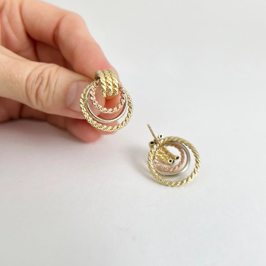 Vintage Tri-Color Circle Dangle Drop Earrings 14K Yellow Rose White Gold 3.34 Gr - 4