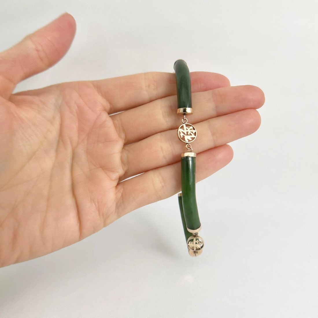 Vintage 1970's Green Jade Chinese Symbol Bracelet 10K Yellow Gold, 17.12 Grams - 2