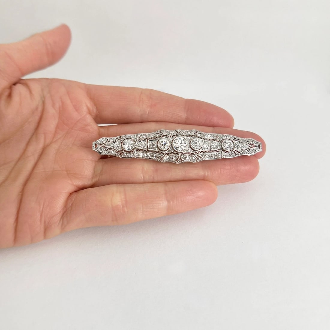 Antique Edwardian Long Filigree Diamond Brooch Pin Platinum, 10.23 Grams - 2