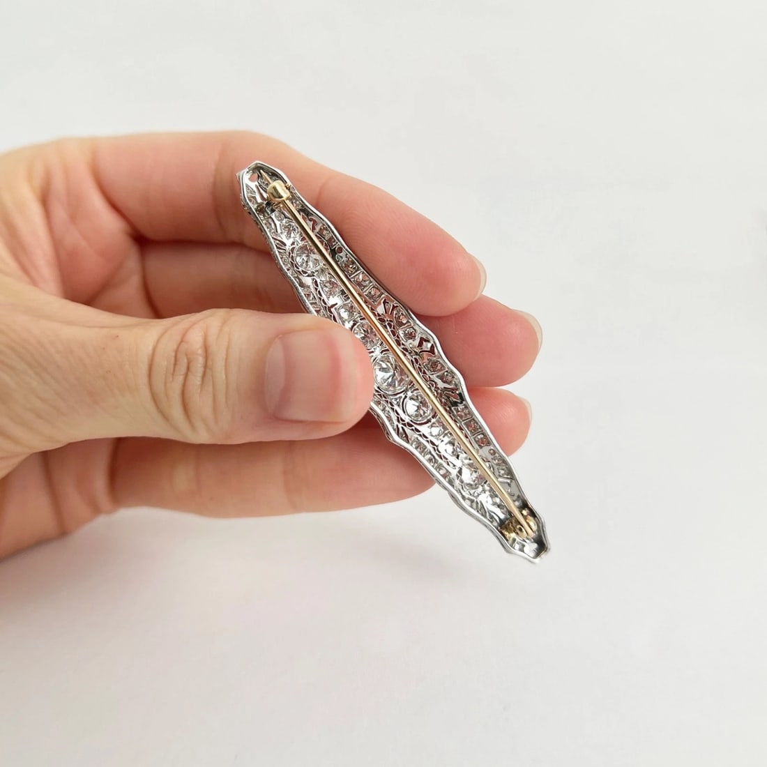 Antique Edwardian Long Filigree Diamond Brooch Pin Platinum, 10.23 Grams - 7