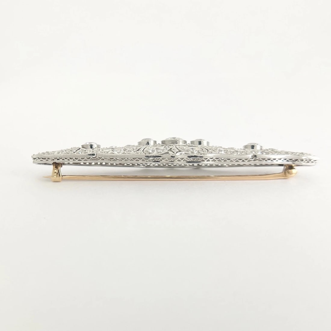 Antique Edwardian Long Filigree Diamond Brooch Pin Platinum, 10.23 Grams - 8