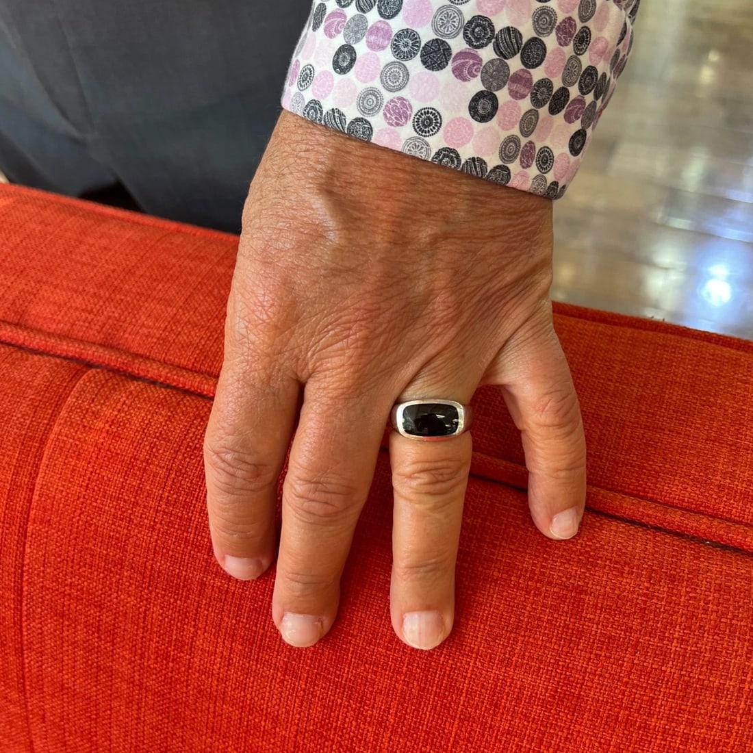 Vintage 1970's Men's Black Onyx Signet Ring 14K White Gold, Size 10.75, 12.78 Gr - 2