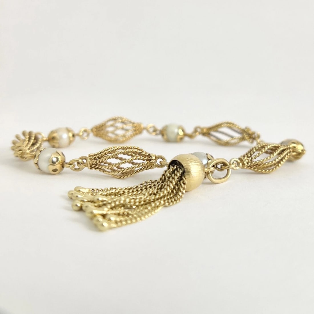 Vintage Pearl Spindle Tassel Chain Bracelet 14K Yellow Gold, 8 Inches, 16.73 Gr - 8