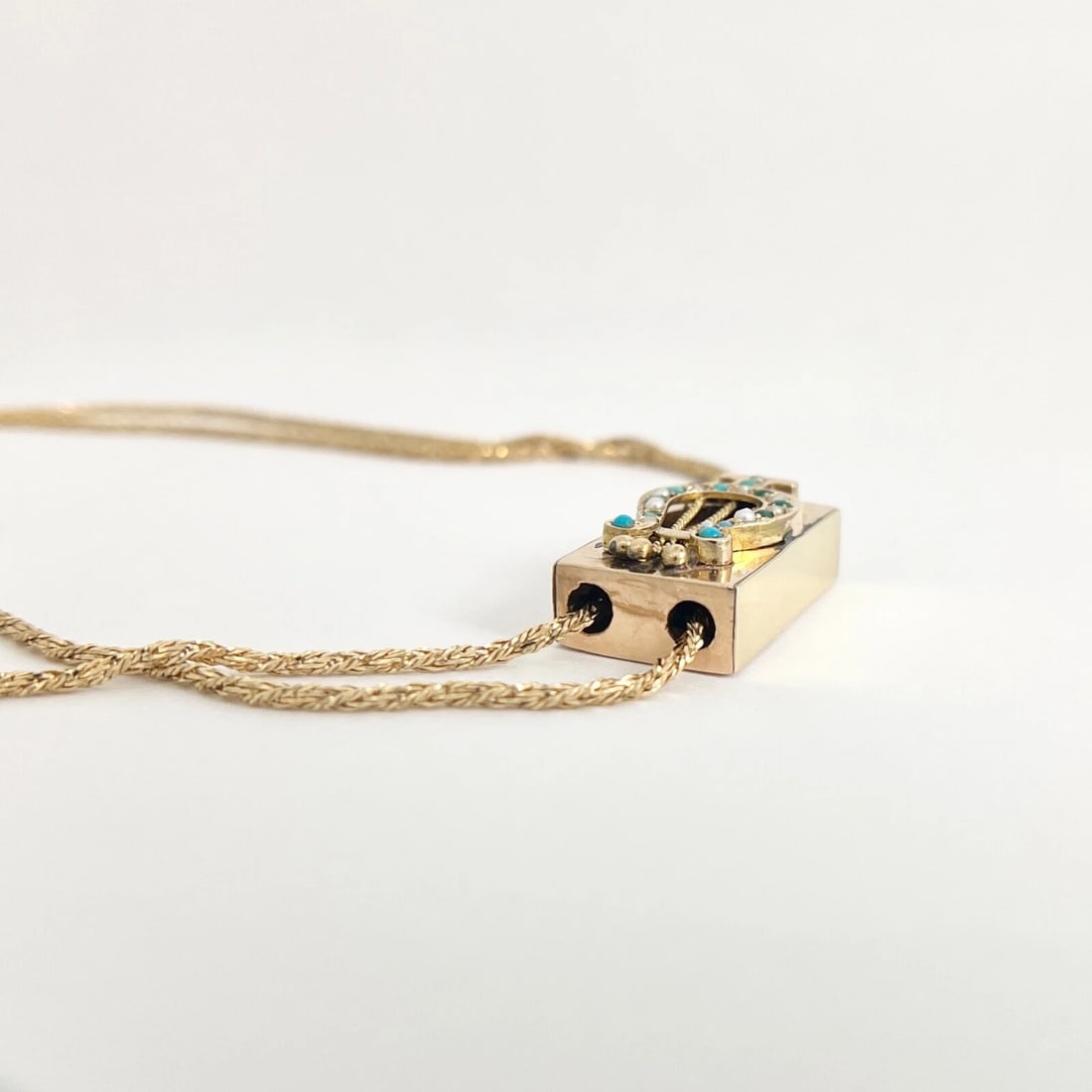 Antique Victorian Lyre Turquoise Seed Pearl Necklace 14K Yellow Gold, 26.58 Gram - 6
