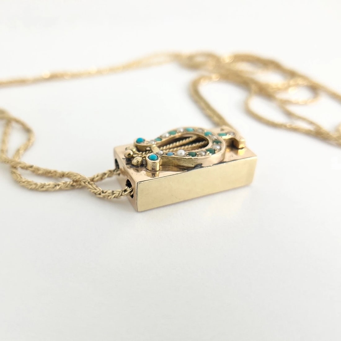 Antique Victorian Lyre Turquoise Seed Pearl Necklace 14K Yellow Gold, 26.58 Gram - 7