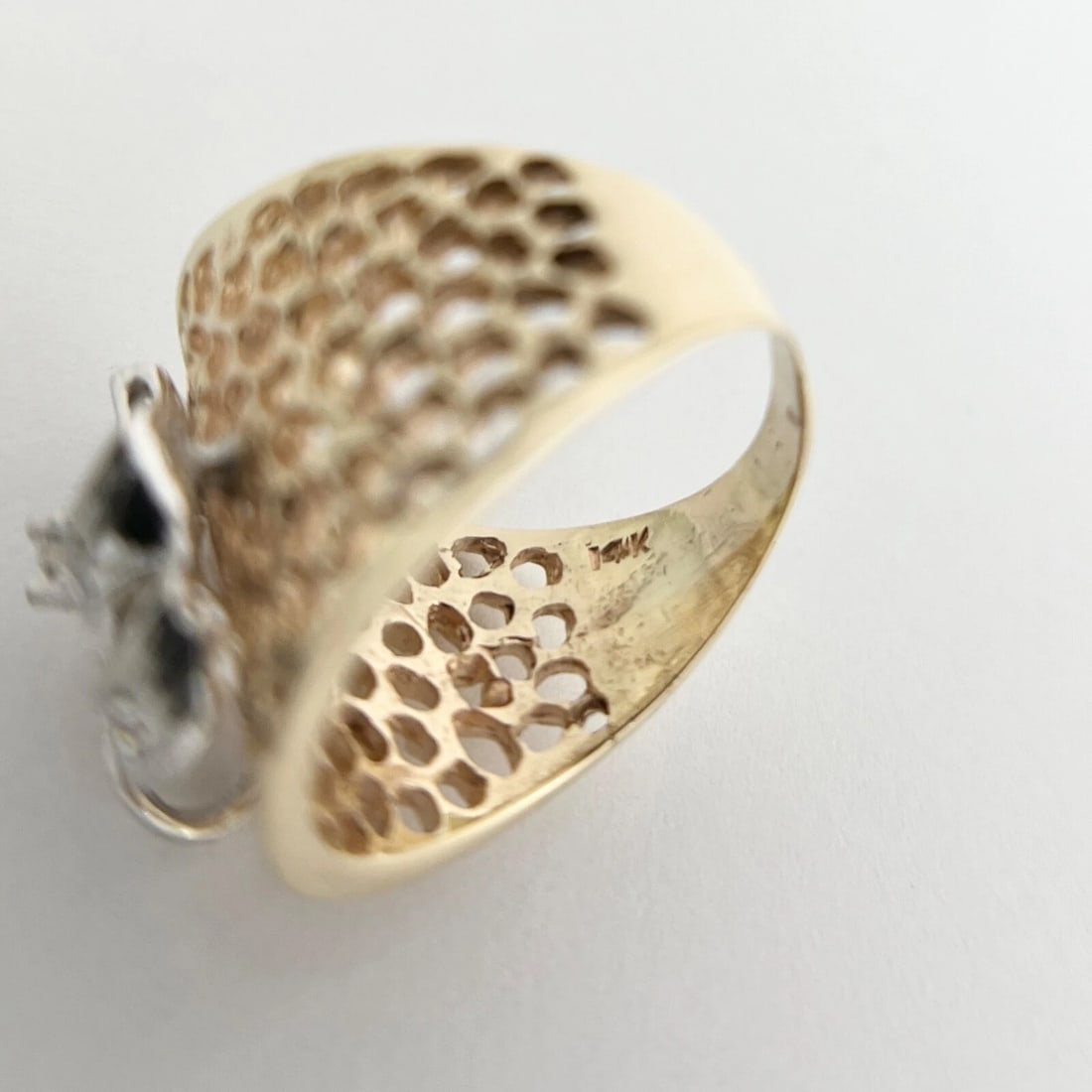 Vintage Two-Tone Diamond Bow Filigree Long Ring 14K Yellow White Gold, 8.49 Gram - 8