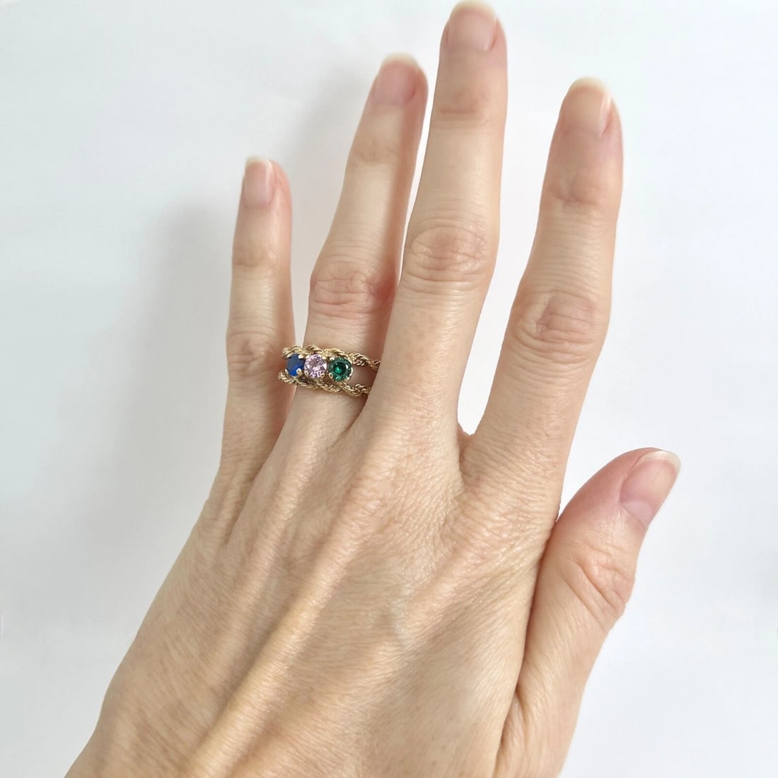 Vintage 3-Stone Multicolor Simulated Sapphire Rope Ring 14K Yellow Gold, 4.42 Gr - 3
