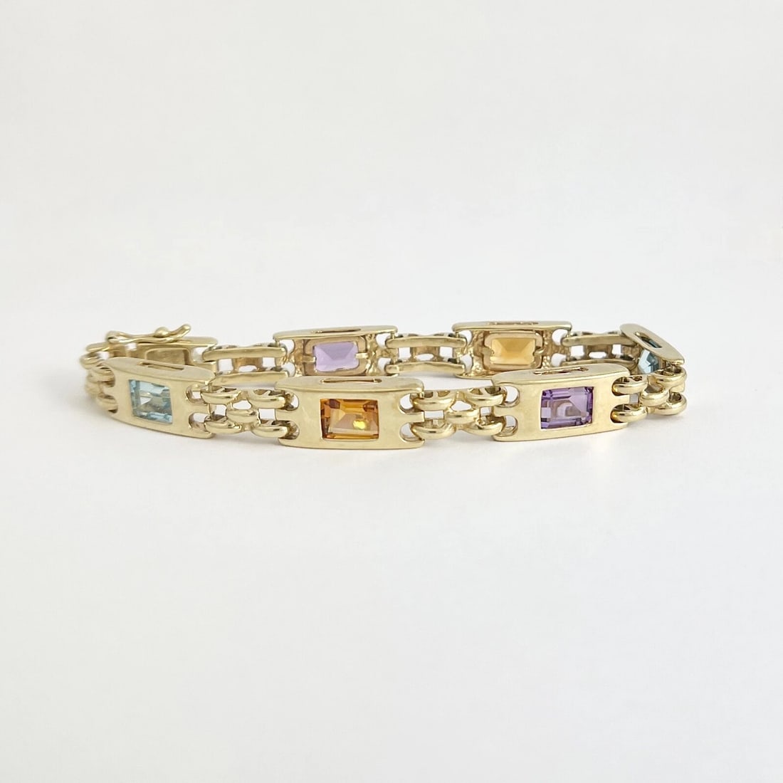 Vintage Multicolored Gemstone Chain Link Bracelet 14K Yellow Gold, 26.23 Grams - 2