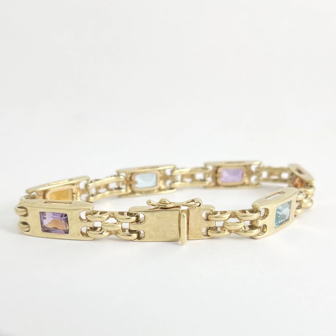 Vintage Multicolored Gemstone Chain Link Bracelet 14K Yellow Gold, 26.23 Grams - 8