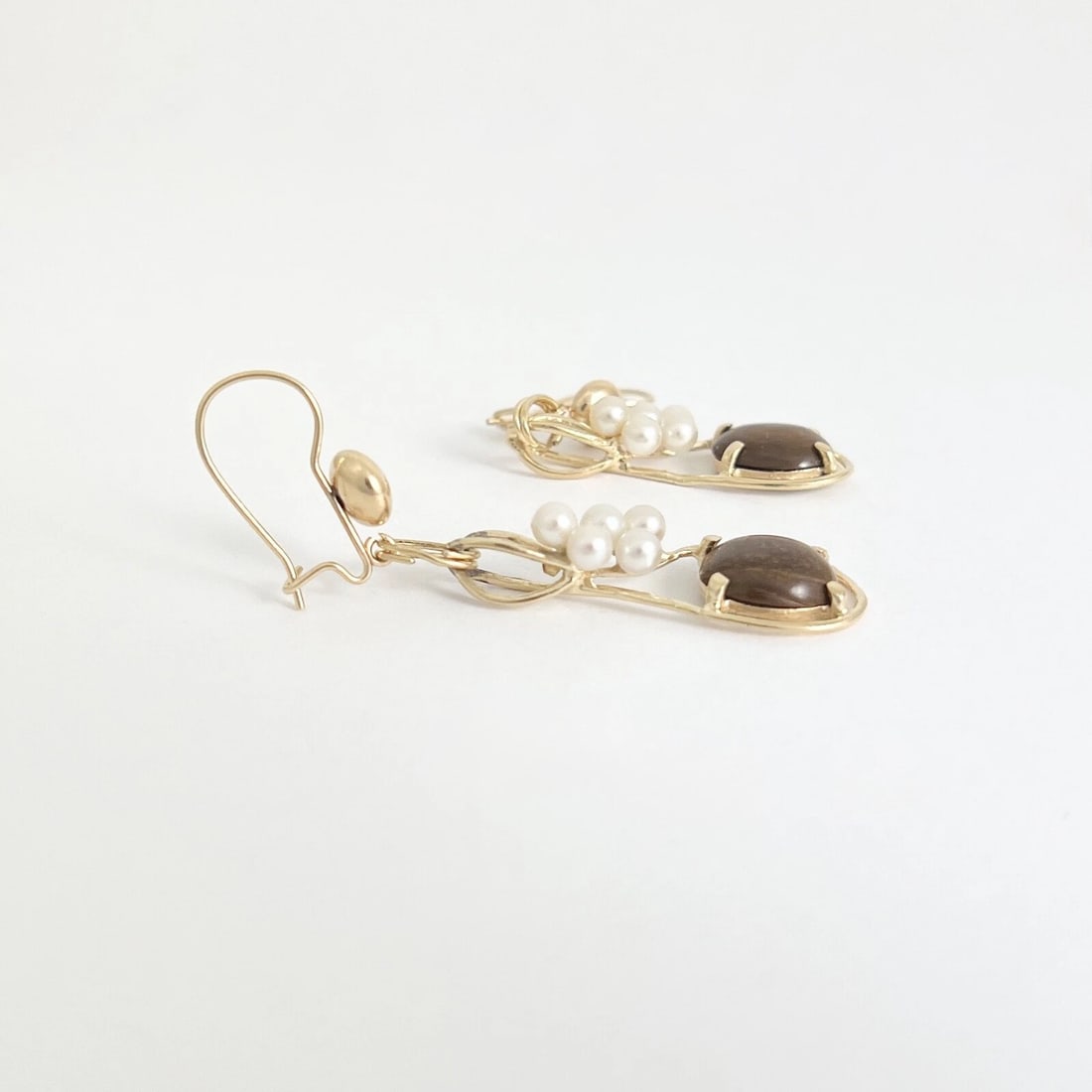 Vintage Oval Brown Jade Pearl Dangle Drop Earrings 14K Yellow Gold, 5.57 Grams - 5