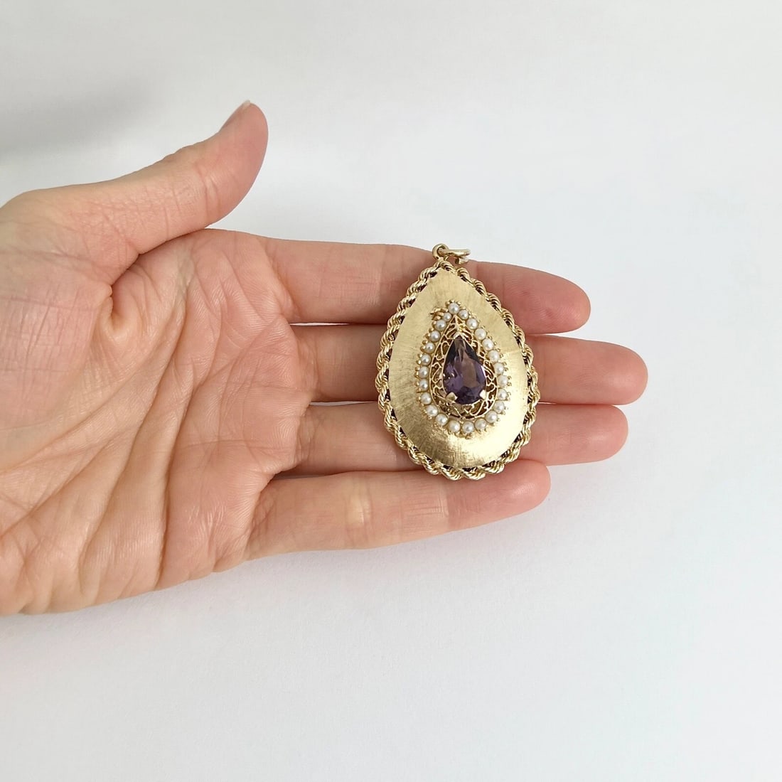 Vintage Purple Amethyst Pearl Teardrop Locket Pendant 14K Yellow Gold, 19.79 Gr - 4