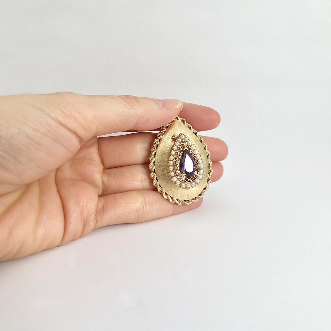 Vintage Purple Amethyst Pearl Teardrop Locket Pendant 14K Yellow Gold, 19.79 Gr - 5