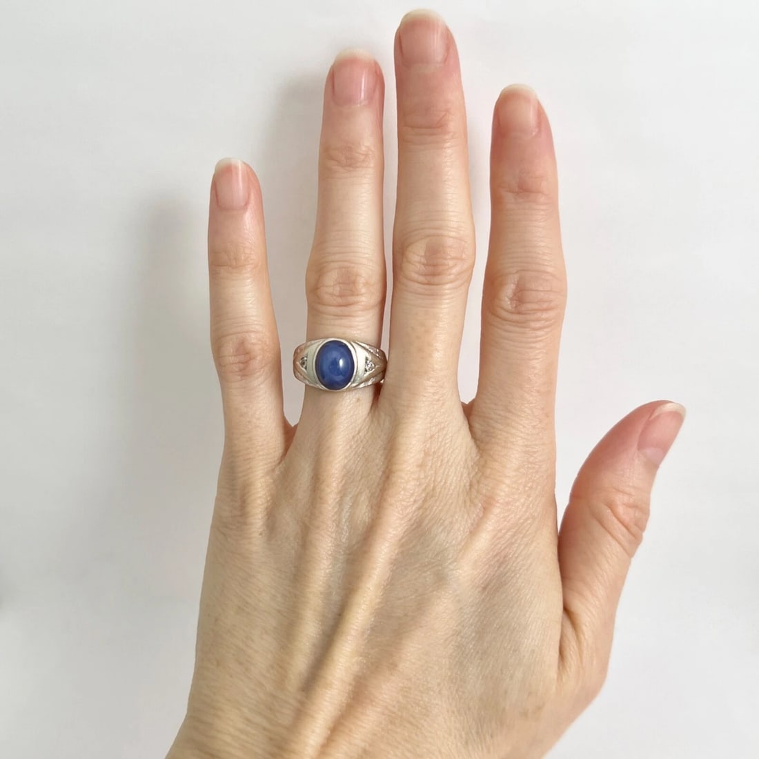 Vintage 1960s Blue Lab-Created Star Sapphire Diamond Ring 14K White Gold 6.07 Gr - 2