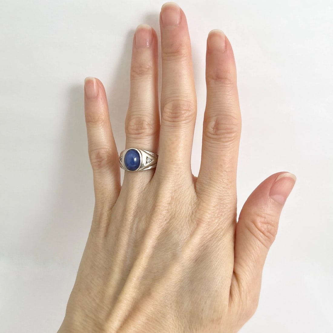 Vintage 1960s Blue Lab-Created Star Sapphire Diamond Ring 14K White Gold 6.07 Gr - 3