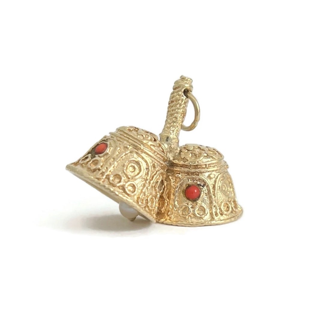 Vintage 1960's Pearl Coral Two Wedding Bells Charm 14K Yellow Gold, 10.86 Grams (1 of 7)